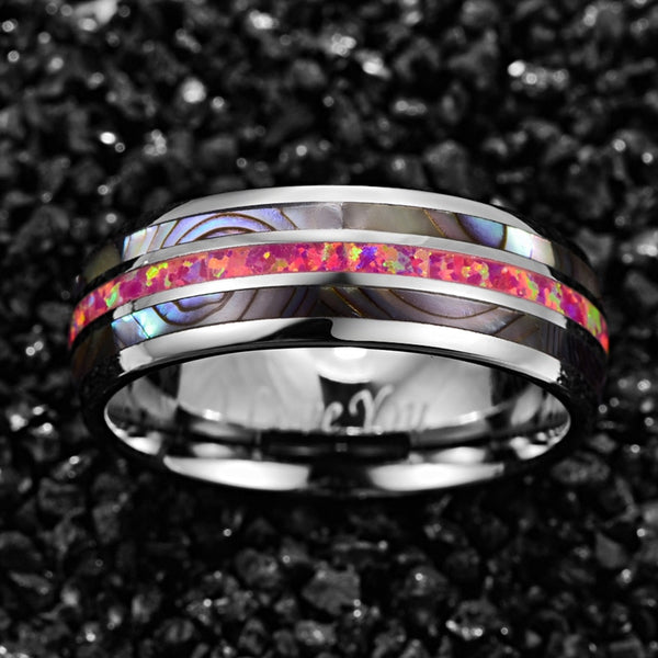 Women's 8mm Abalone Magenta Opal Tungsten Carbide Ring