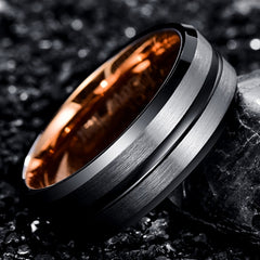 Men's 8mm Rose Gold Black Bevel Inner Brushed Gun Metal Tungsten Carbide Ring