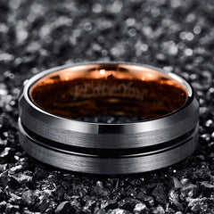 Men's 8mm Rose Gold Black Bevel Inner Brushed Gun Metal Tungsten Carbide Ring