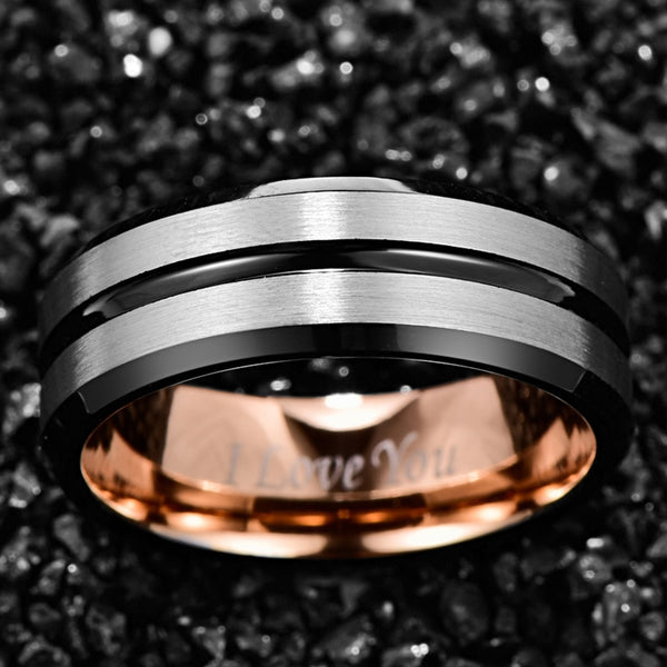 Men's 8mm Rose Gold Black Bevel Inner Brushed Gun Metal Tungsten Carbide Ring