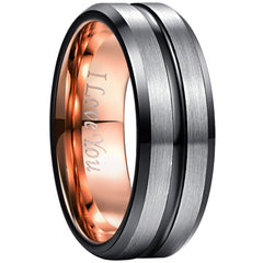 Men's 8mm Rose Gold Black Bevel Inner Brushed Gun Metal Tungsten Carbide Ring