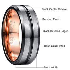 Men's 8mm Rose Gold Black Bevel Inner Brushed Gun Metal Tungsten Carbide Ring