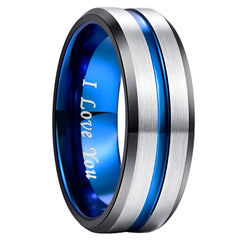 Men's 8mm Blue Bevel Inner Brushed Tungsten Carbide Ring