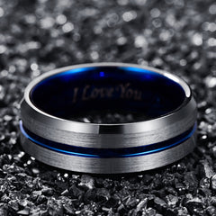 Men's 8mm Blue Bevel Inner Brushed Tungsten Carbide Ring