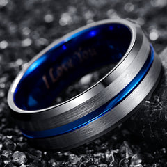 Men's 8mm Blue Bevel Inner Brushed Tungsten Carbide Ring