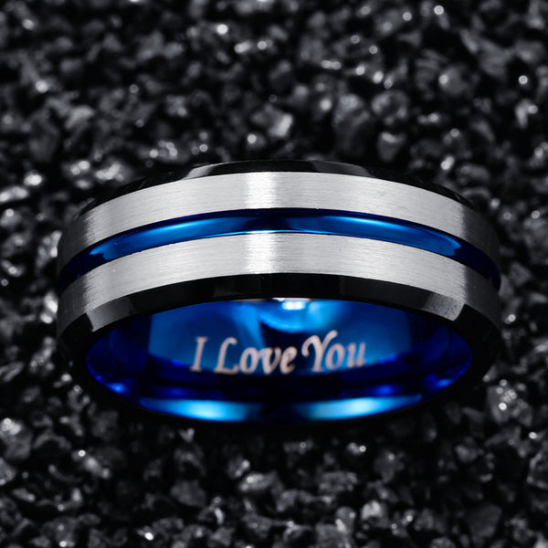 Men's 8mm Blue Bevel Inner Brushed Tungsten Carbide Ring