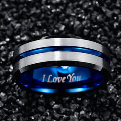 Men's 8mm Blue Bevel Inner Brushed Tungsten Carbide Ring