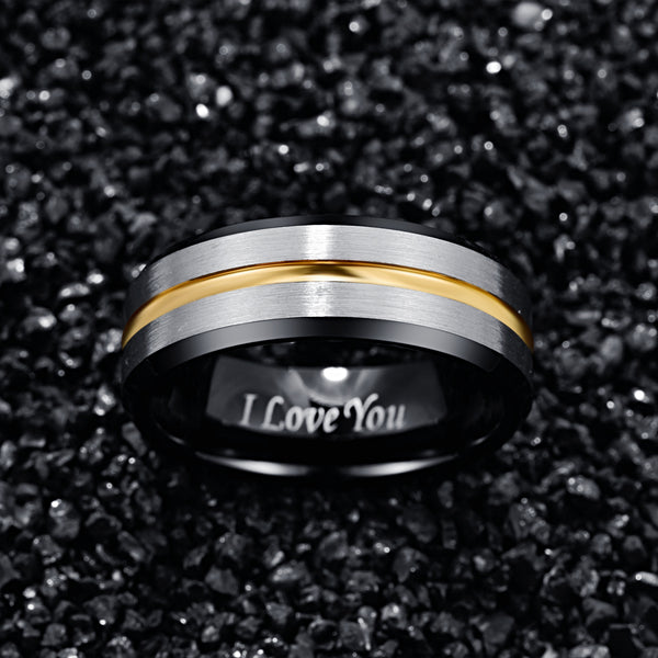 Men's 8mm Gold Bevel Inner Brushed Tungsten Carbide Ring