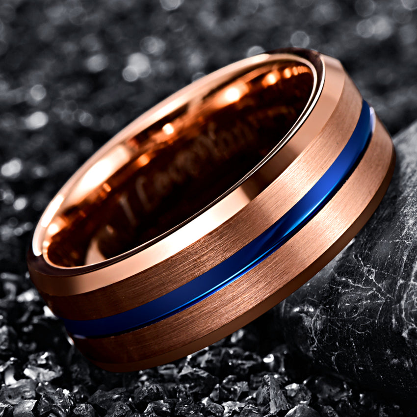 Men's 8mm Rose Gold Blue Groove Inner Tungsten Carbide Ring