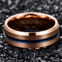 Men's 8mm Rose Gold Blue Groove Inner Tungsten Carbide Ring