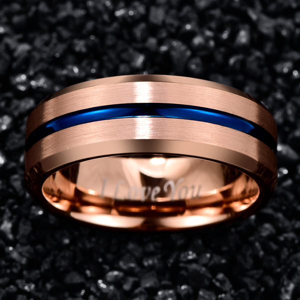 Men's 8mm Rose Gold Blue Groove Inner Tungsten Carbide Ring