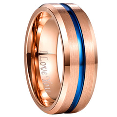 Men's 8mm Rose Gold Blue Groove Inner Tungsten Carbide Ring