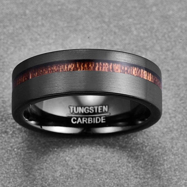 Men's 8mm Brushed Black Matte Acacia Wood Inlay Tungsten Carbide Ring