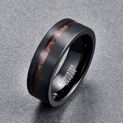 Men's 8mm Brushed Black Matte Acacia Wood Inlay Tungsten Carbide Ring