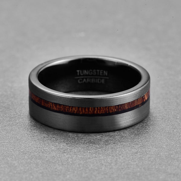 Men's 8mm Brushed Black Matte Acacia Wood Inlay Tungsten Carbide Ring