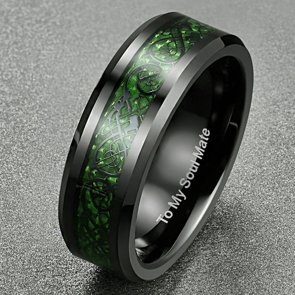 Men's 8mm Green Dragon Black Tungsten Carbide Ring