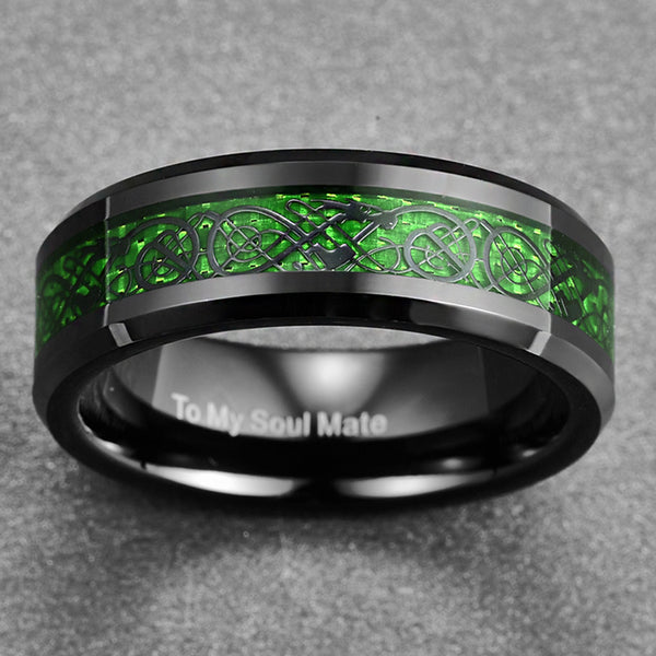 Men's 8mm Green Dragon Black Tungsten Carbide Ring