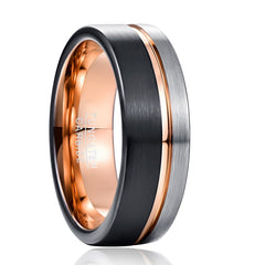 Men's Three Tone Rose Gold Brushed Black and Silver Tungsten Carbide Ring