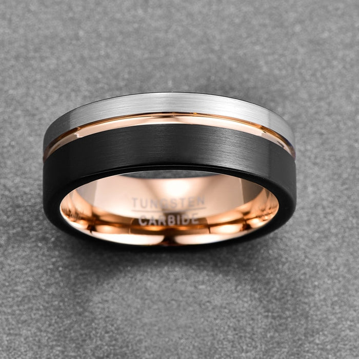 Men's Three Tone Rose Gold Brushed Black and Silver Tungsten Carbide Ring