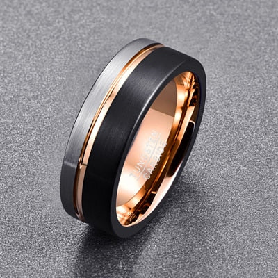 Men's Three Tone Rose Gold Brushed Black and Silver Tungsten Carbide Ring