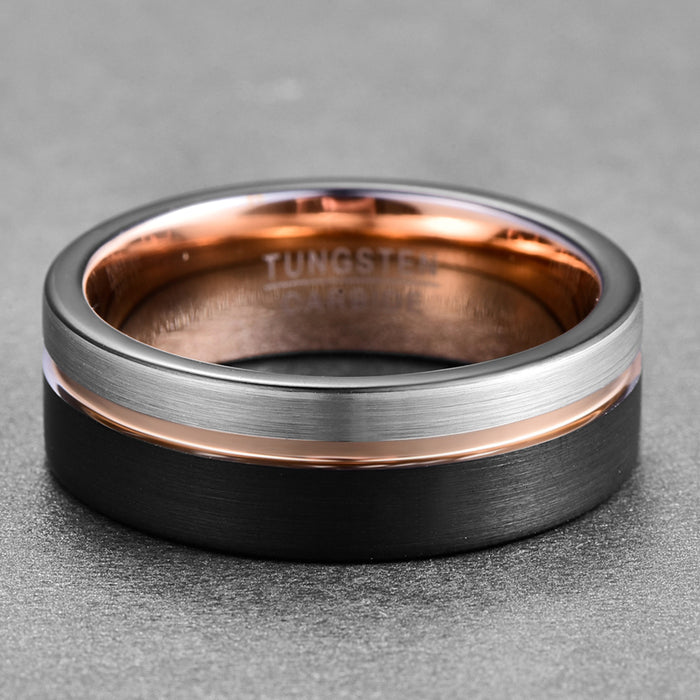 Men's Three Tone Rose Gold Brushed Black and Silver Tungsten Carbide Ring