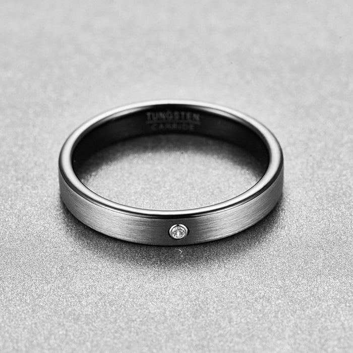 Women's 4mm Brushed Silver Finish Wedding Band CZ Tungsten Carbide Ring