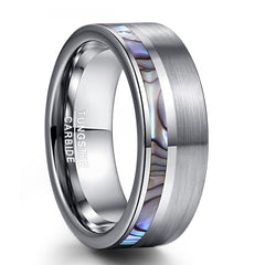 Men's 8mm Natural Abalone Shell Matte Silver Tungsten Carbide Ring