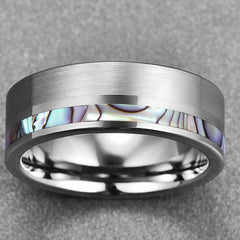 Men's 8mm Natural Abalone Shell Matte Silver Tungsten Carbide Ring