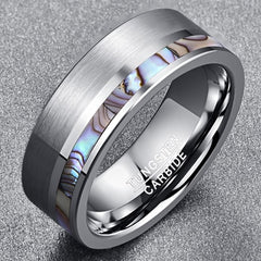 Men's 8mm Natural Abalone Shell Matte Silver Tungsten Carbide Ring