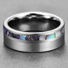 Men's 8mm Natural Abalone Shell Matte Silver Tungsten Carbide Ring