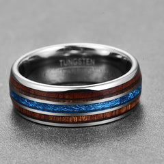 Men's 8mm Hawaiian Koa and Blue Imitation Vermiculite Tungsten Carbide Ring