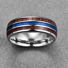 Men's 8mm Hawaiian Koa and Blue Imitation Vermiculite Tungsten Carbide Ring