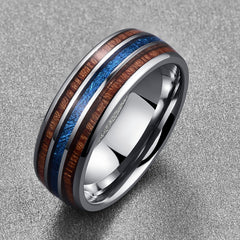 Men's 8mm Hawaiian Koa and Blue Imitation Vermiculite Tungsten Carbide Ring