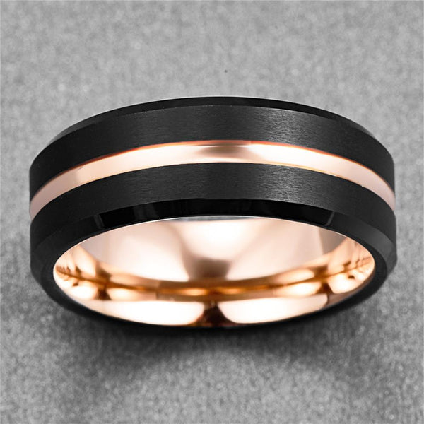 Men's 8mm Rose Gold Inner Matte Black Tungsten Carbide Ring