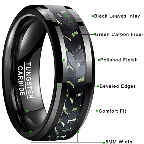 Men's 8mm Green Leaves Black Tungsten Carbide Ring