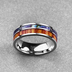 Men's 8mm Inlay Wood and Opal Polished Tungsten Carbide