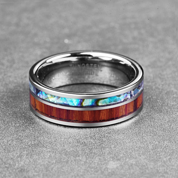 Men's 8mm Inlay Wood and Opal Polished Tungsten Carbide