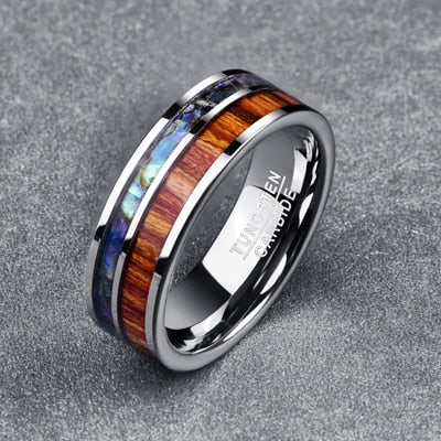 Men's 8mm Inlay Wood and Opal Polished Tungsten Carbide