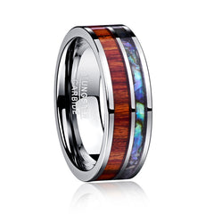 Men's 8mm Inlay Wood and Opal Polished Tungsten Carbide