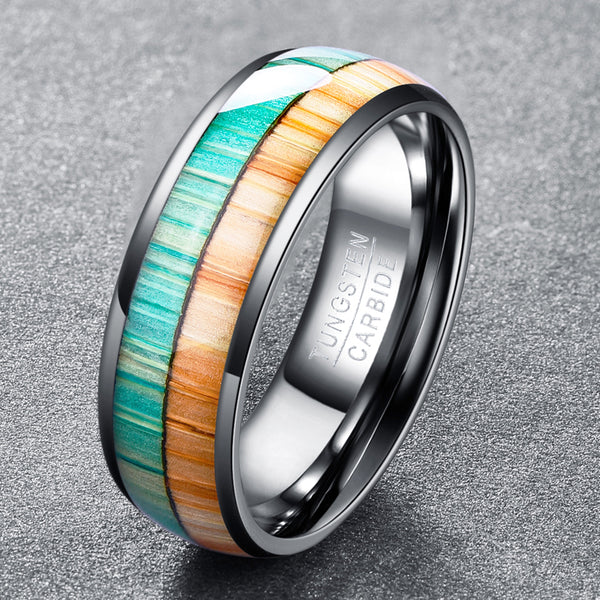 Men's 8mm Inlaid Orange and Green Wood Polished Tungsten Carbide Ring