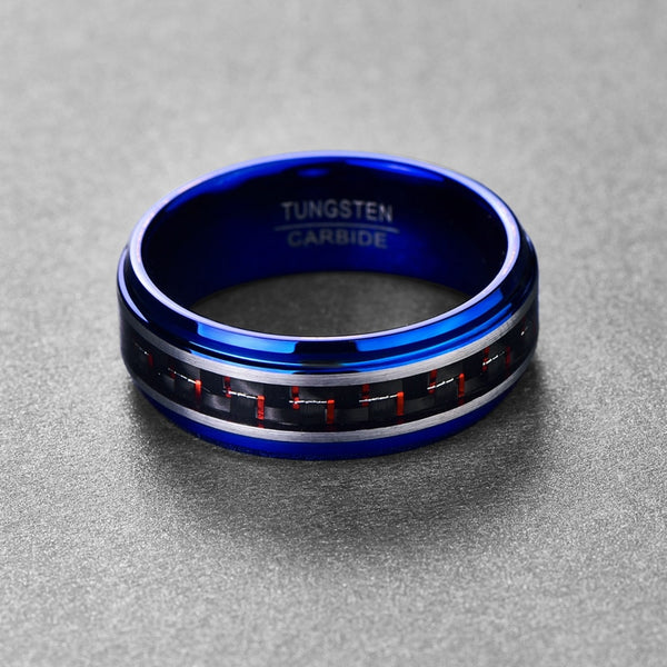 Men's 8mm Inlaid Red Carbon Fiber Blue Tungsten Carbide Ring