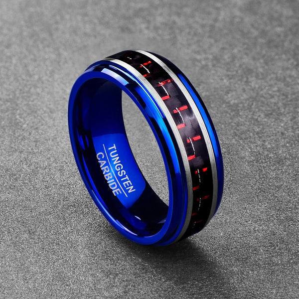 Men's 8mm Inlaid Red Carbon Fiber Blue Tungsten Carbide Ring