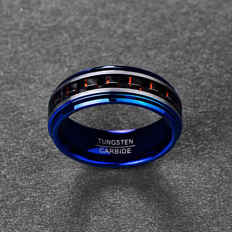 Men's 8mm Inlaid Red Carbon Fiber Blue Tungsten Carbide Ring