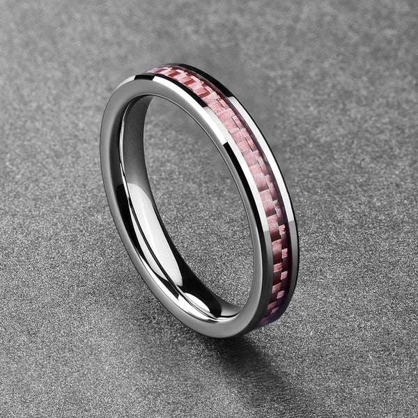 Women's 4mm Inlaid Pink Carbon Fiber Polished Tungsten Carbide Ring