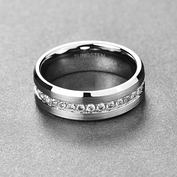 Women's 8mm Matte Silver CZ Inner Tungsten Carbide Ring