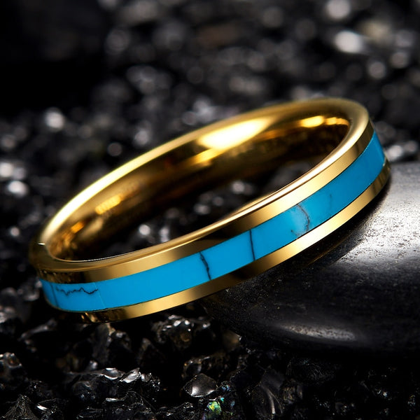 Women's 4mm Inlaid Blue Stone Gold Plated Tungsten Carbide Ring