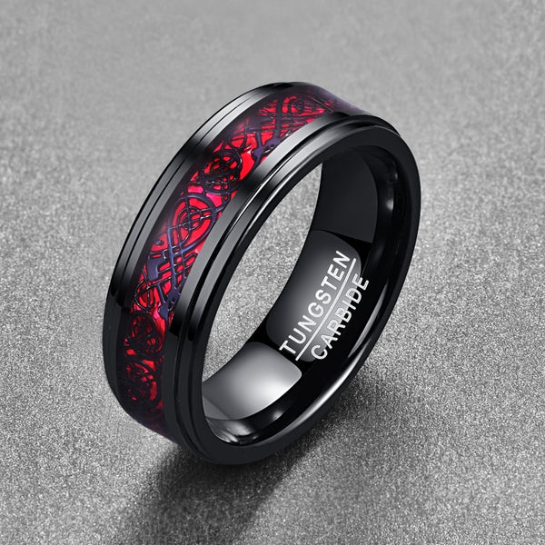 Men's 8mm Black Inlay Red Opal Dragon Tungsten Carbide Ring