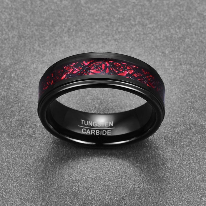 Men's 8mm Black Inlay Red Opal Dragon Tungsten Carbide Ring