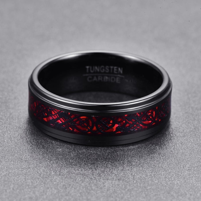 Men's 8mm Black Inlay Red Opal Dragon Tungsten Carbide Ring