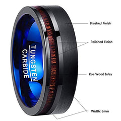 Men's 8mm Koa Wood Inlay Brushed Gunmetal and Blue Inner Tungsten Carbide Ring